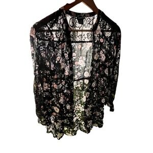 Torrid Black Floral Lace‎ Button Up Top Plus Size 00 Sheer Back Cardigan Blouse